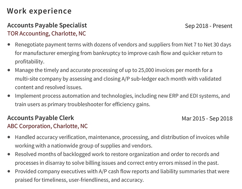 Accounts Payable Resume Professional Work Experience Example