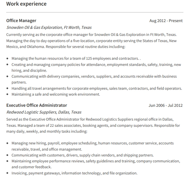 Admin Resume Work Experience Example