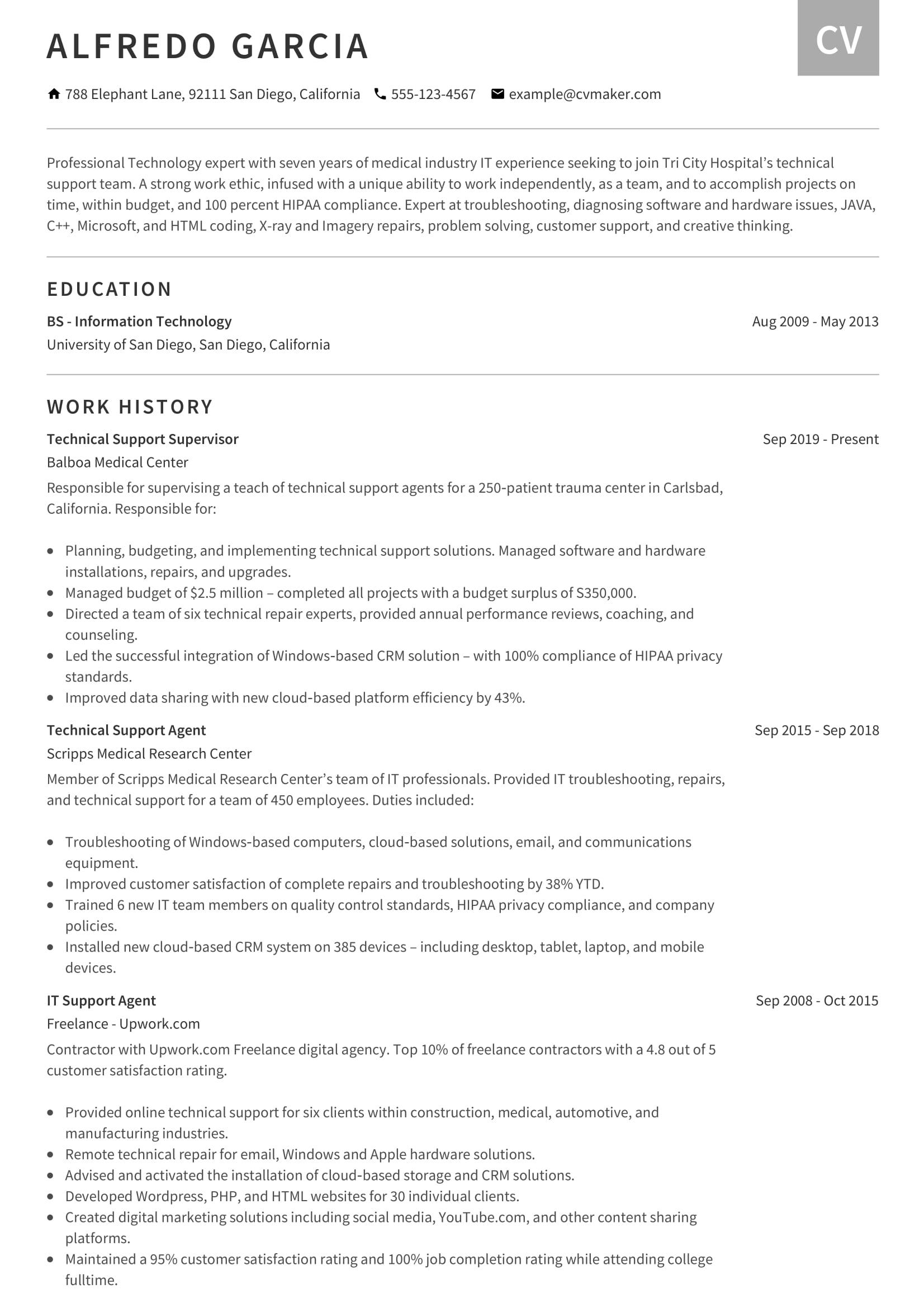 technical support role resume