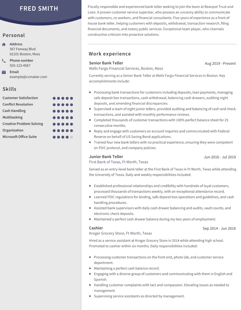 Bank teller resume