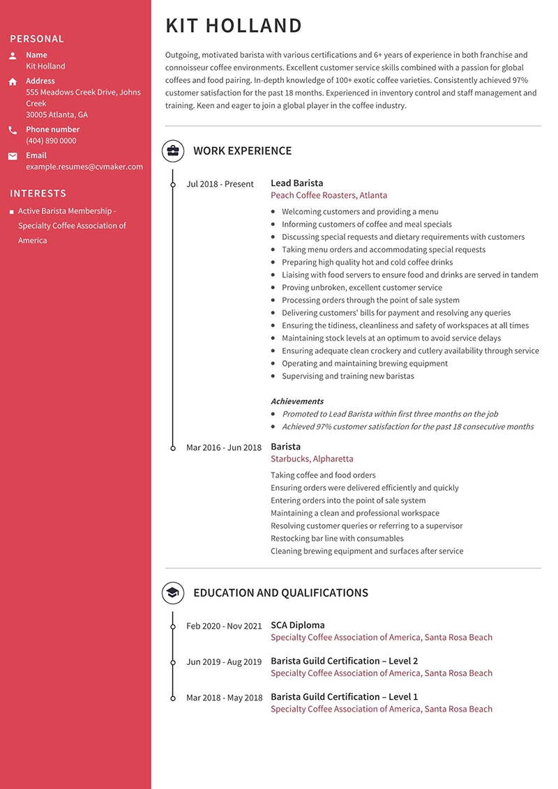 Barista Resume Example, Template & Writing Tips for 2024