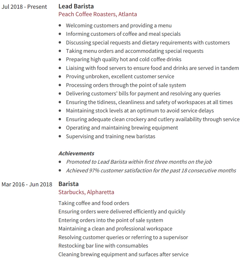 Barista Resume Professional Experience Example
