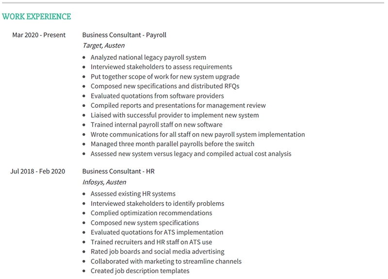 Business Consultant Resume Work Experience Example