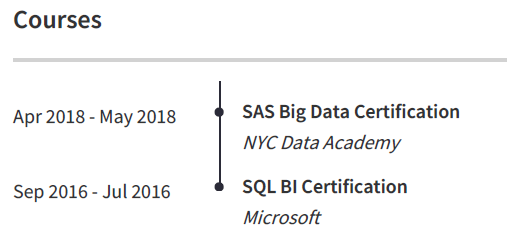 Business Intelligence Analyst Resume Course and Specialization Example