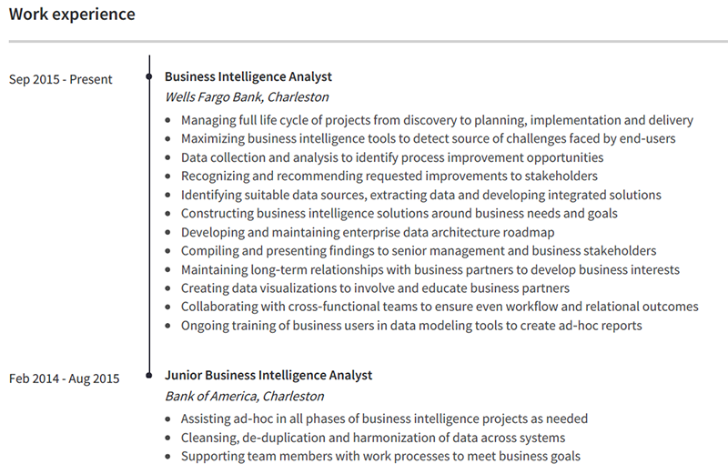 Business Intelligence Analyst Resume Professional Work Experience Sample