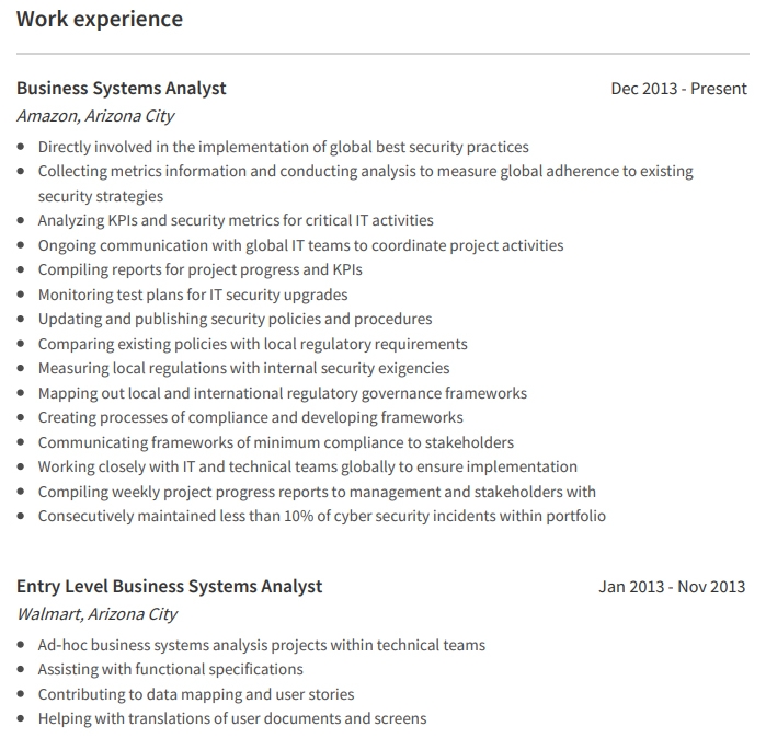 Business System Analyst Resume Professional Work Experience Example