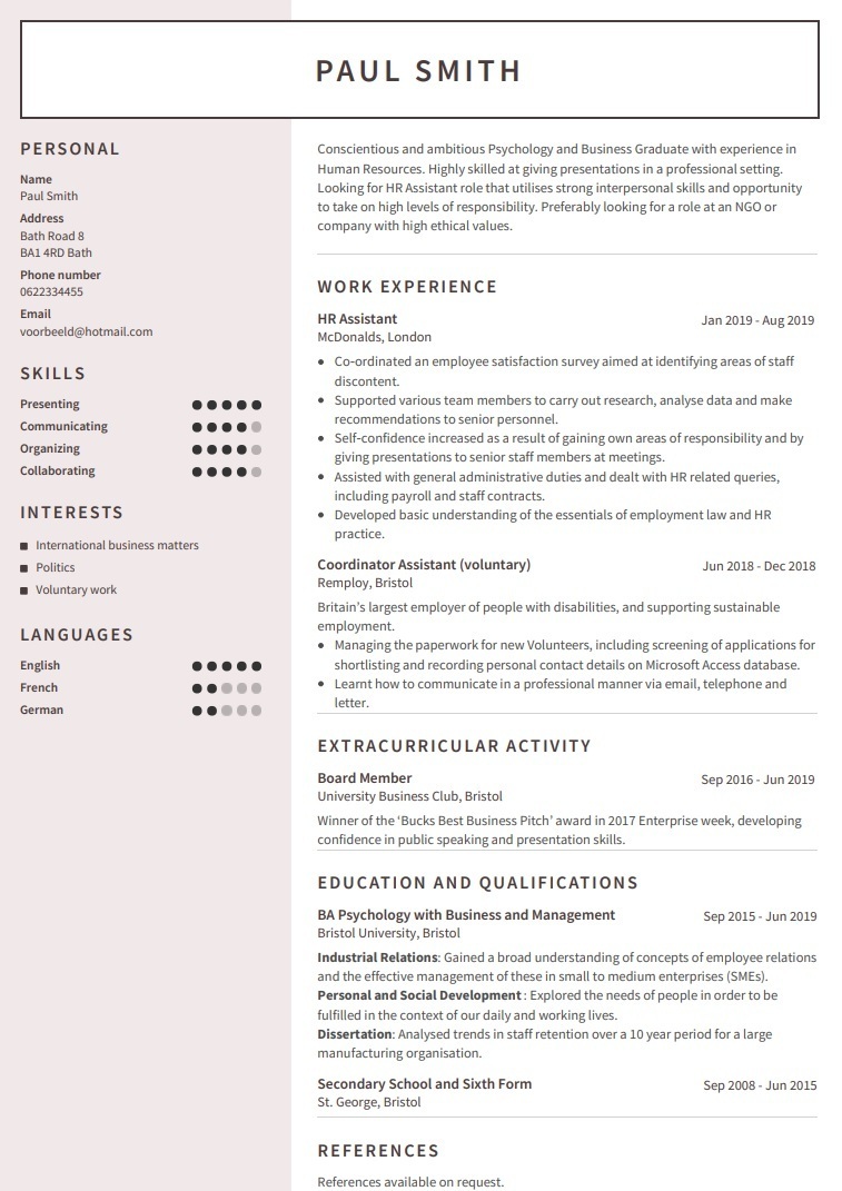 CV example university graduate hr role EN