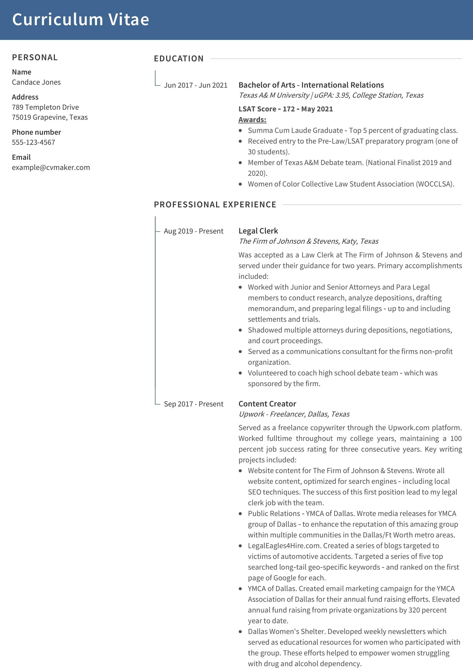 example resume for law school application
