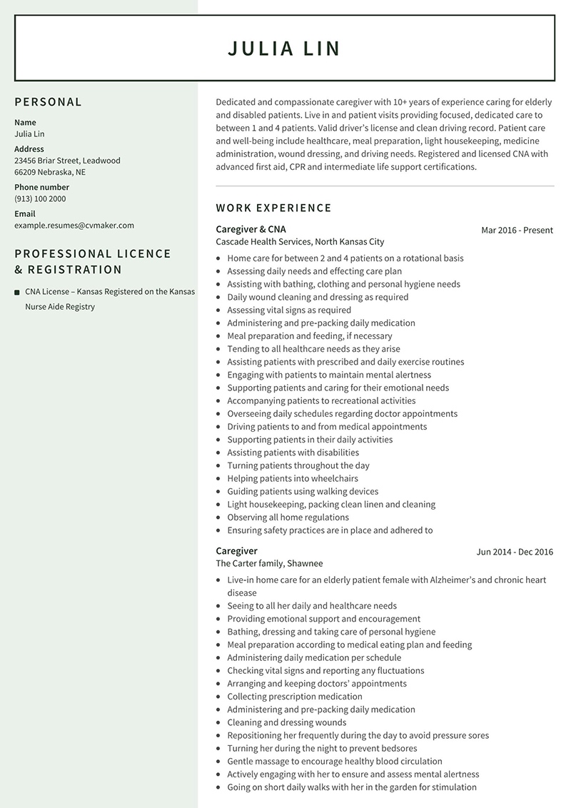 example of resume objective for caregiver