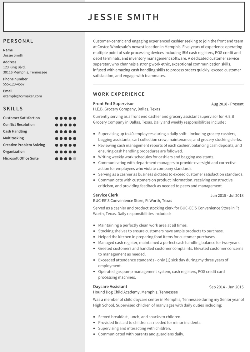 professional cashier resume