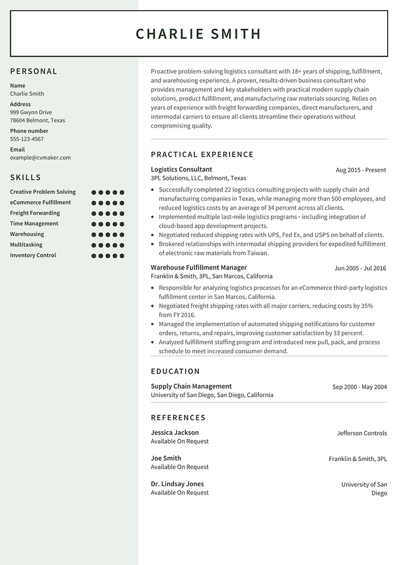 Charlie Smith Logistics Consultant Resume