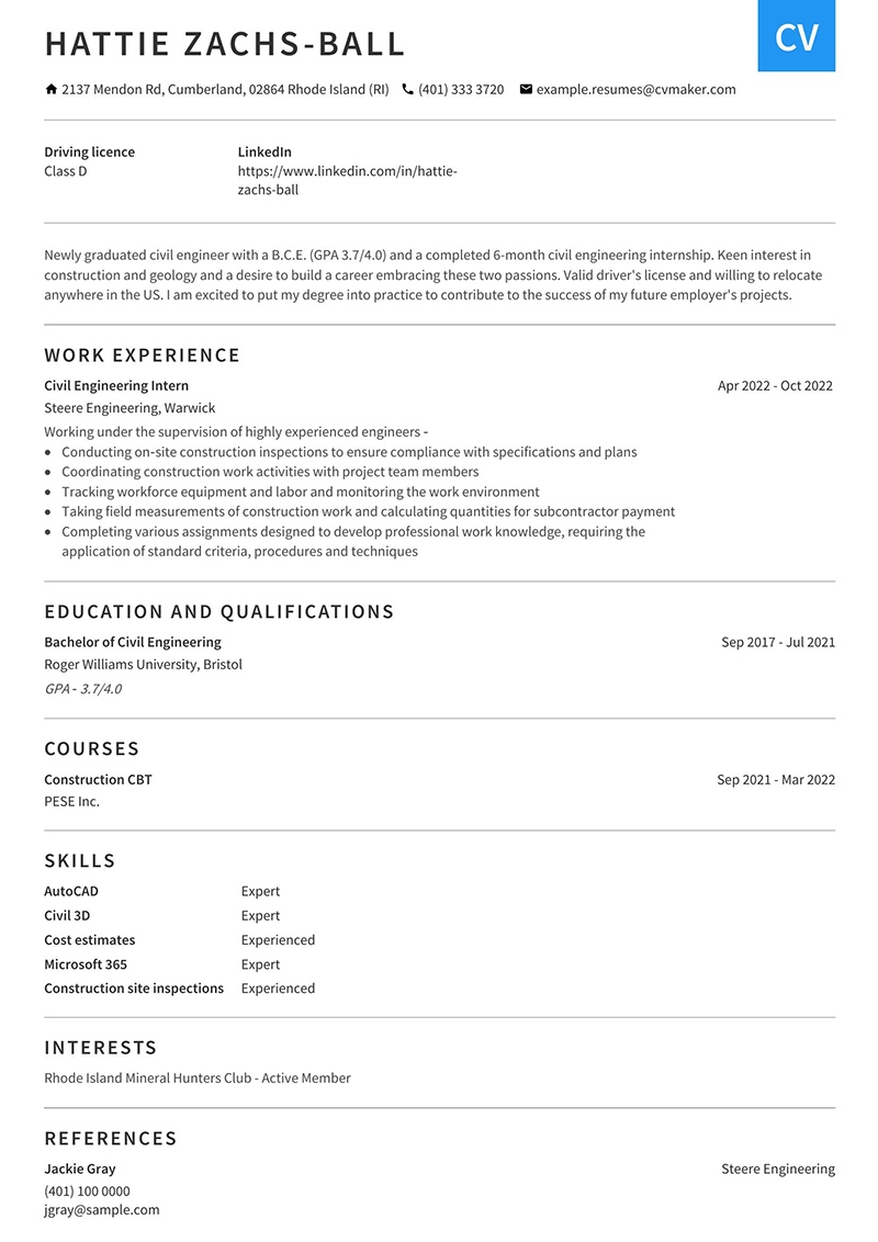 Civil Engineer Resume Hattie Zachs Ball Entry Level