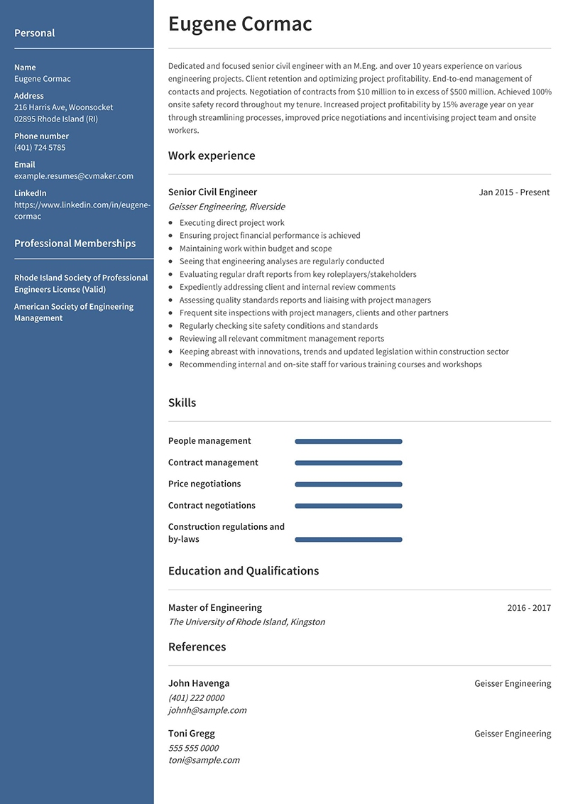 Civil Engineering Resume Senior Eugene Cormac