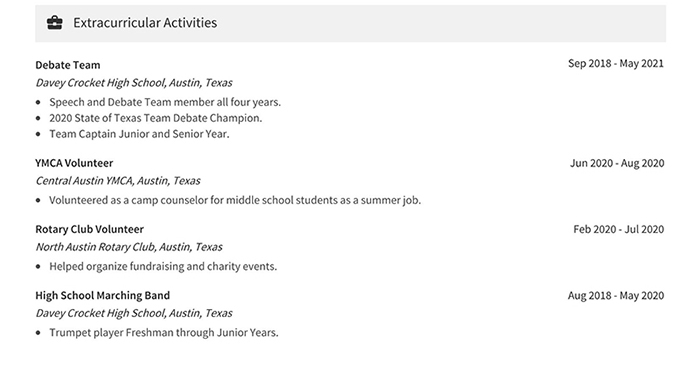 college application extracurricular resume