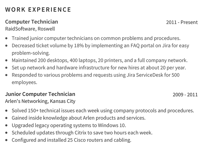 Computer Technician Work Experience
