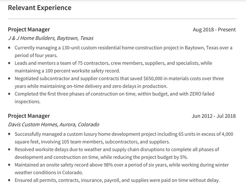 Construction Manager Resume Relevant Experience