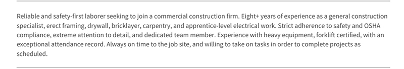 Construction Resumes Summary Example