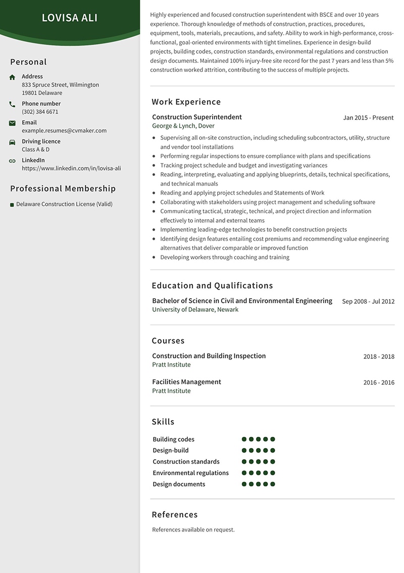 Construction Superintendent Resume Lovisa Ali