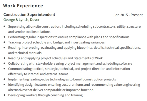 Construction Superintendent Resume Professional Work Experience Example