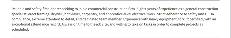 Construction Worker Resume Summary Example