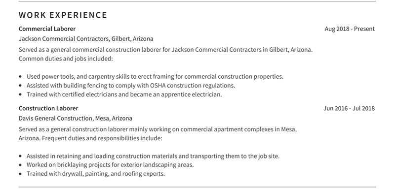 Construction Worker Resume Work History Example