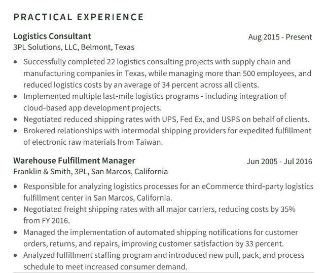 Consulting Resume Practical Experience Example