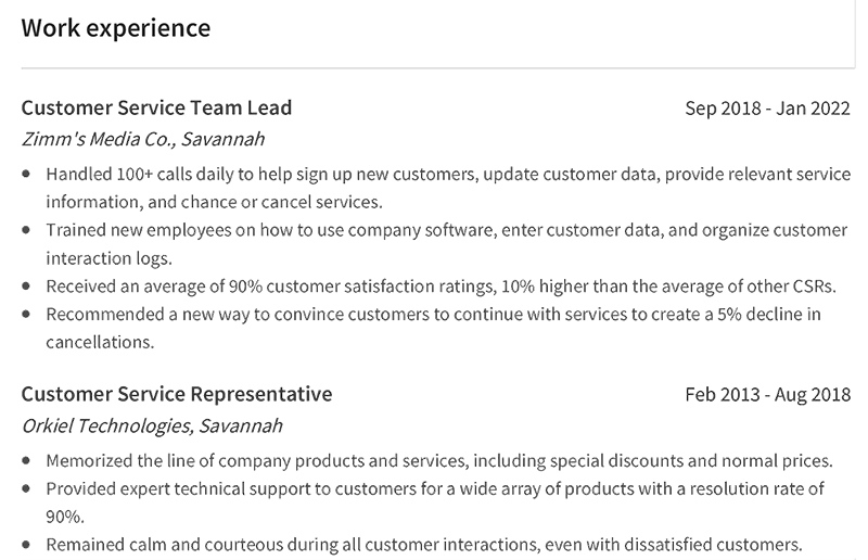 Customer Service Resume Work Experience Example