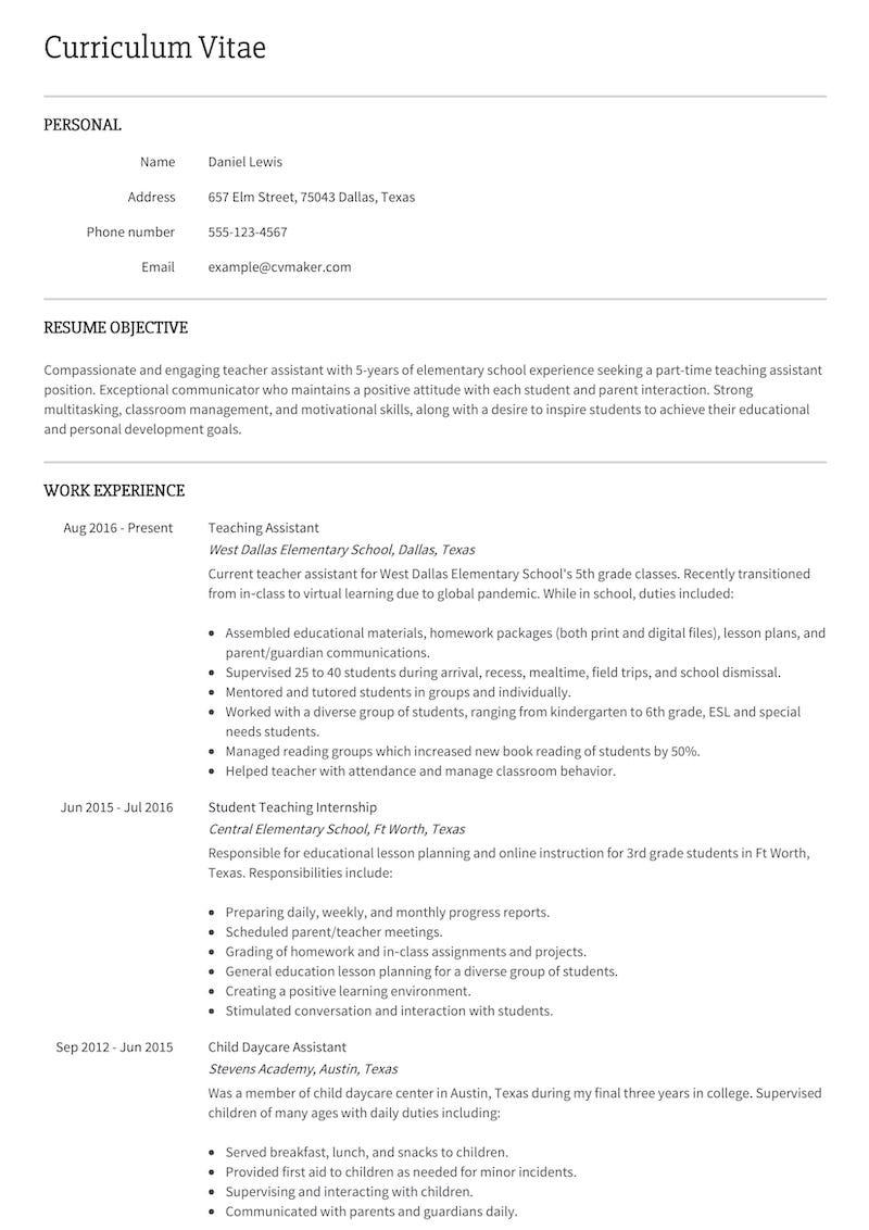 Resume example Teaching Assistant