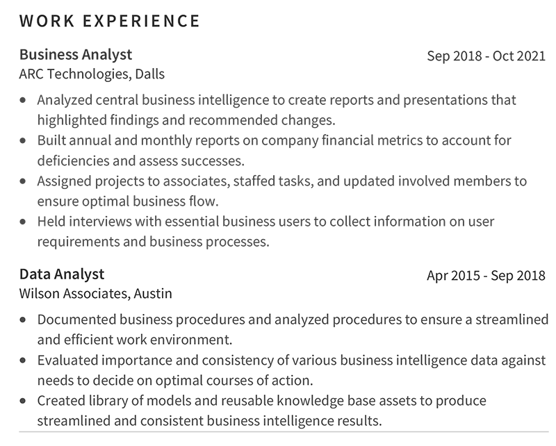 Data Analyst Professional Work Experience Example