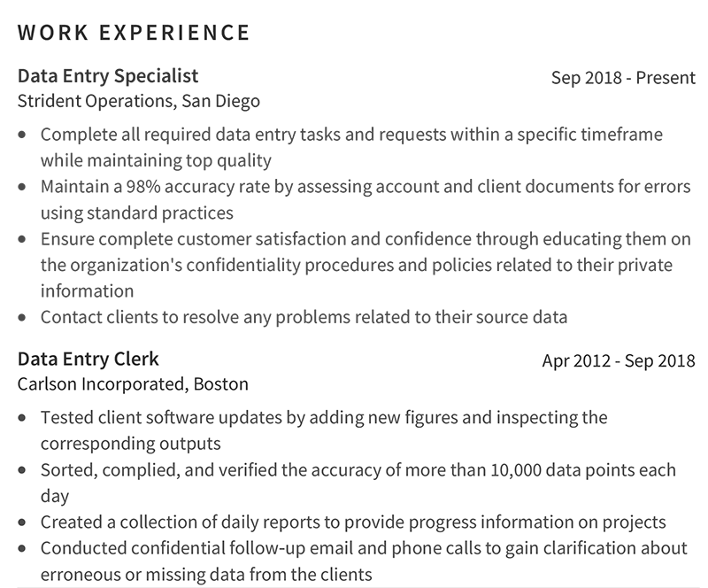 Data Entry Resume Professional Work Experience Example