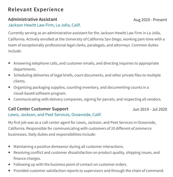 Dental Receptionist Resume Experience Example