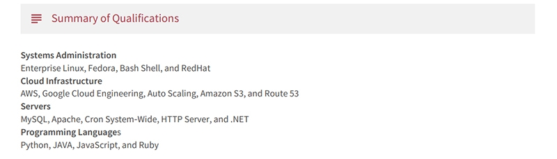 Dev Ops Resume Qualifications Example