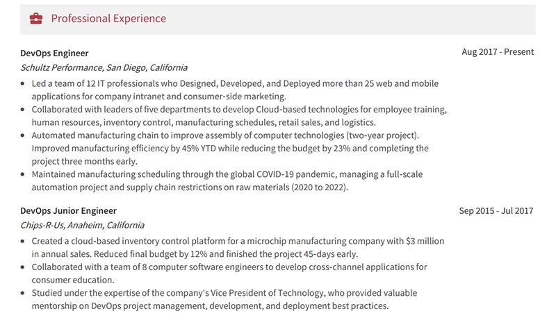 Dev Ops Resume Work Experience Example