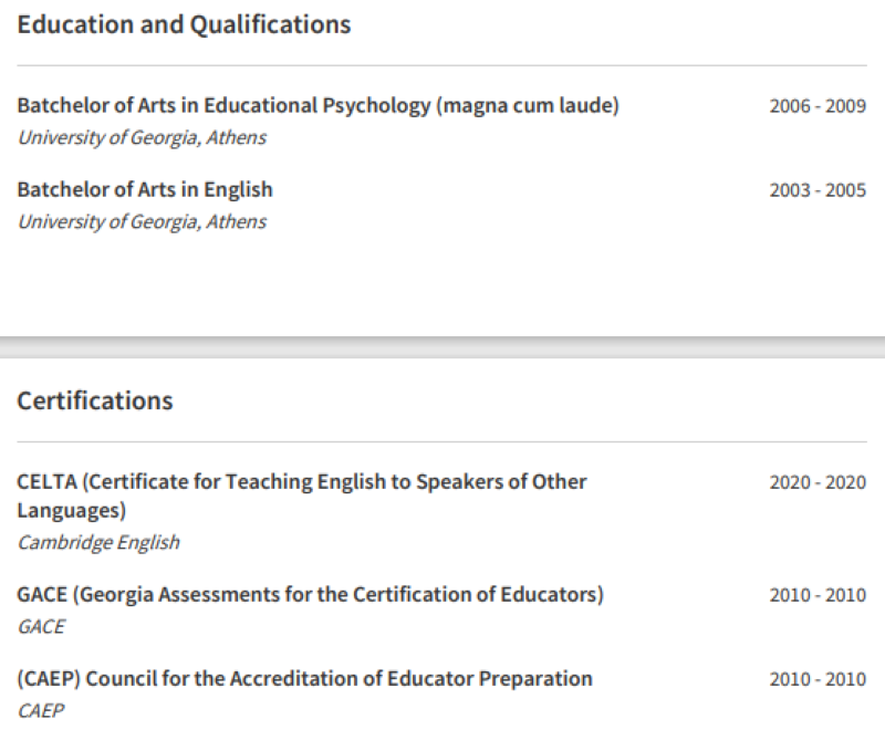Education, Certifications, Courses and Specializations Example