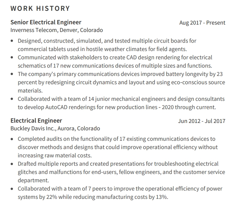 Electrical Engineering Resume Work History