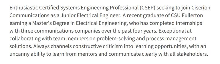 Entry Level Electrical Engineering Resume Summary