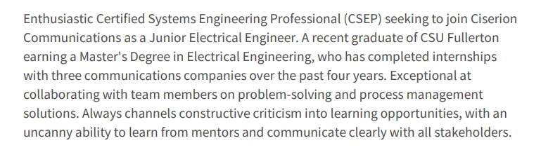 Entry Level Electrical Engineering Resume Summary