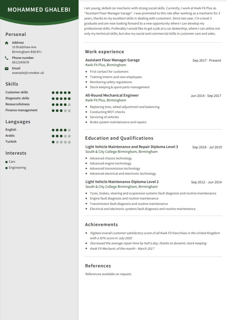 CV example mechanical engineer EN