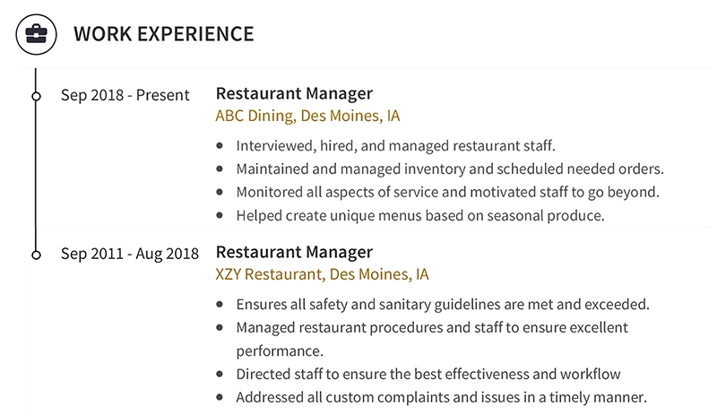 Food Service Resume Professional Work Experience Example