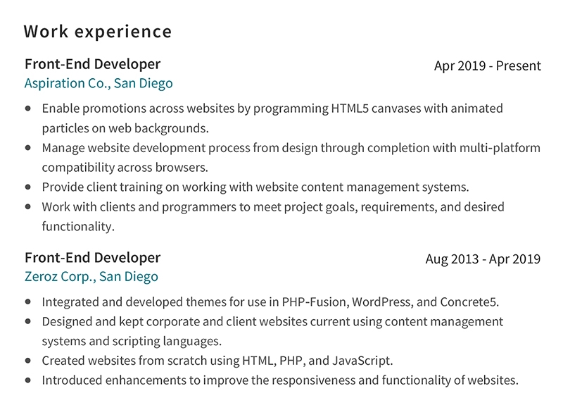 Front End Developer Resume Work Experience Example