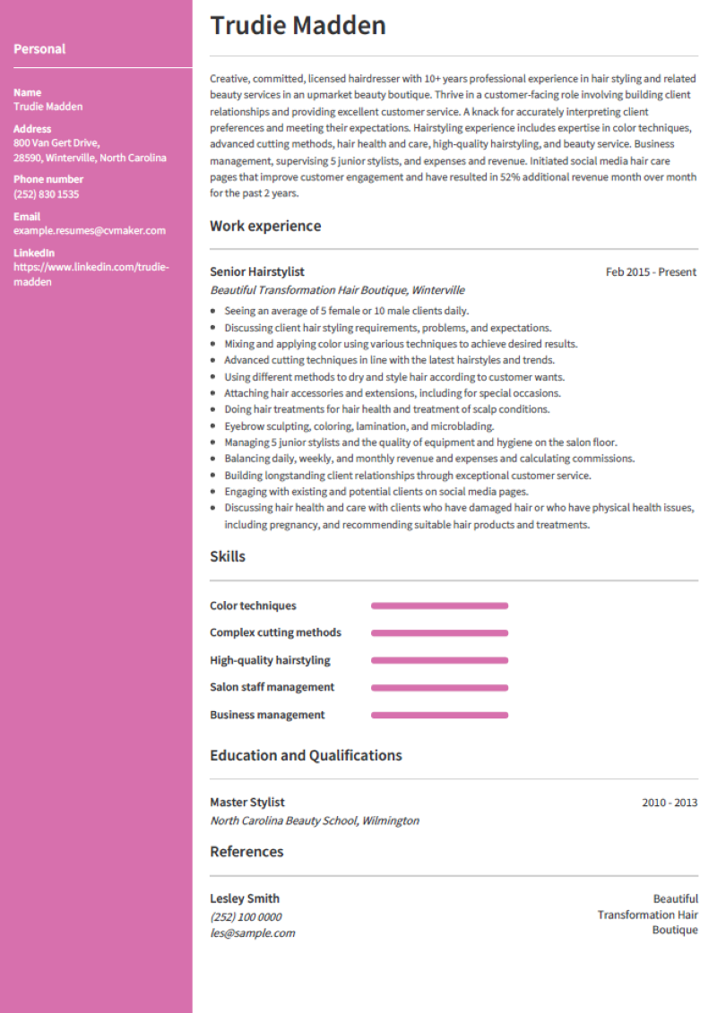 Hair Stylist Resume Example