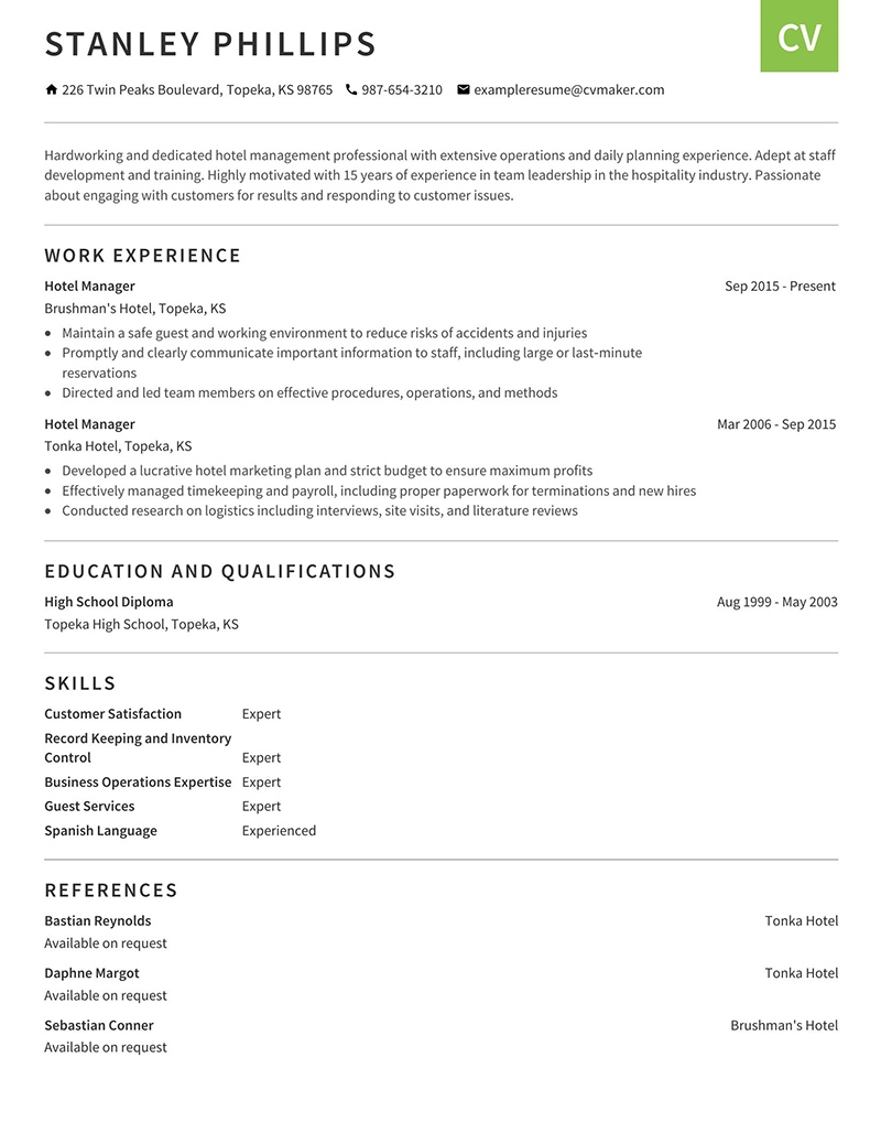 Hospitality Resume Standley Phillips