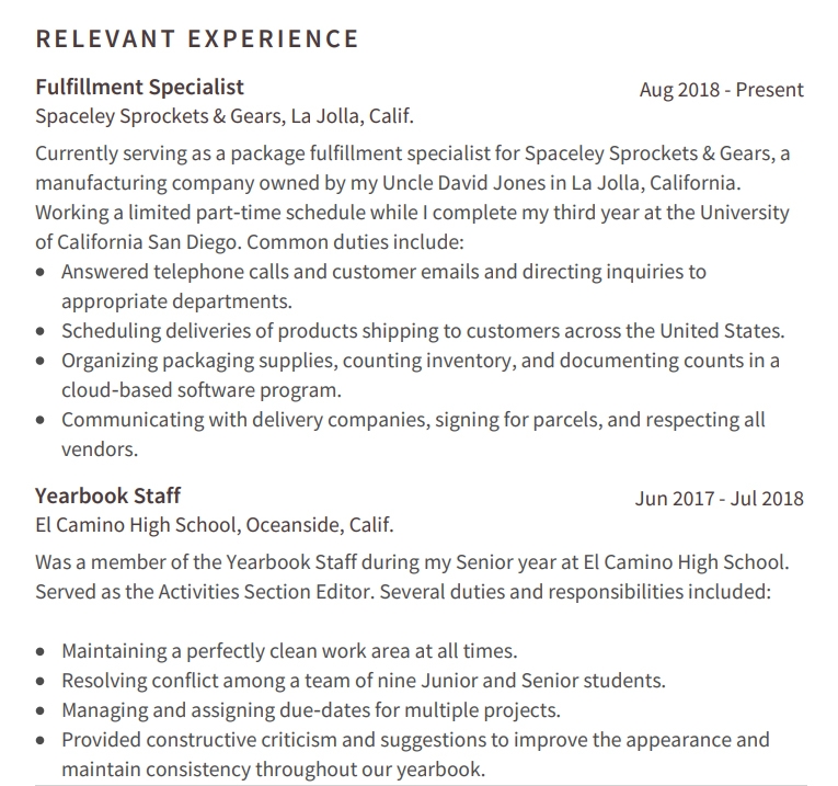 Internship Resume Relevant Experiences Example