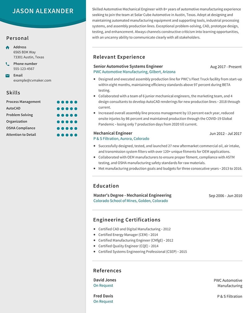 Mechanical Engineer Resume Example Writing Tips 2024 CVmaker Mechanical Engineer Resume Example Writing Tips 2024 CVmaker