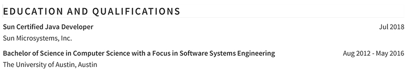 Java Developer Resume Education Example