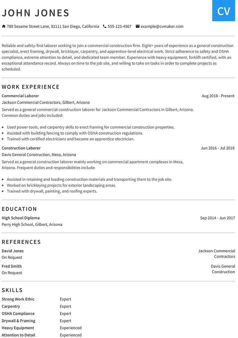 John Jones Construction Worker Resume