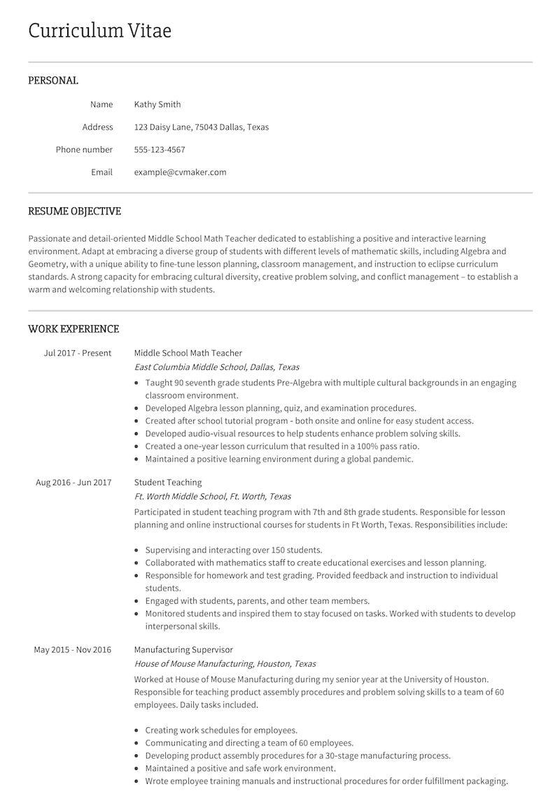 Resume example Middle school teacher