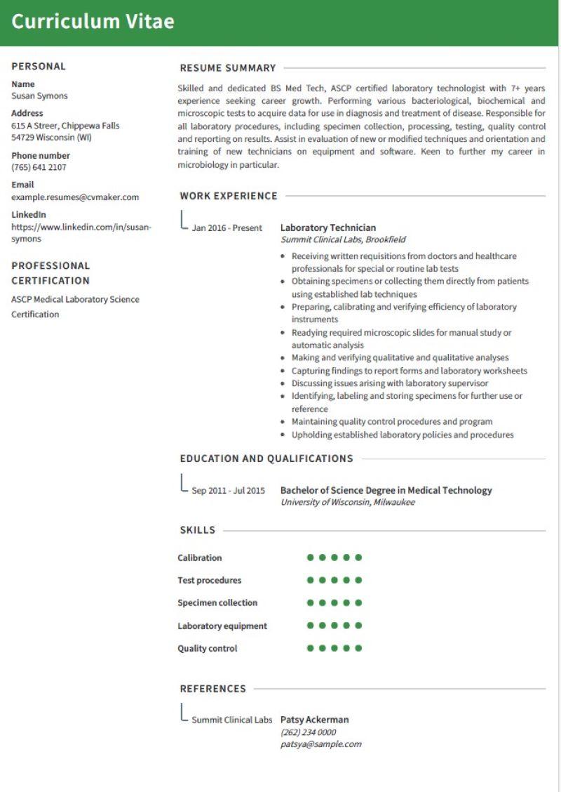 Laboratory Technician Resume Example