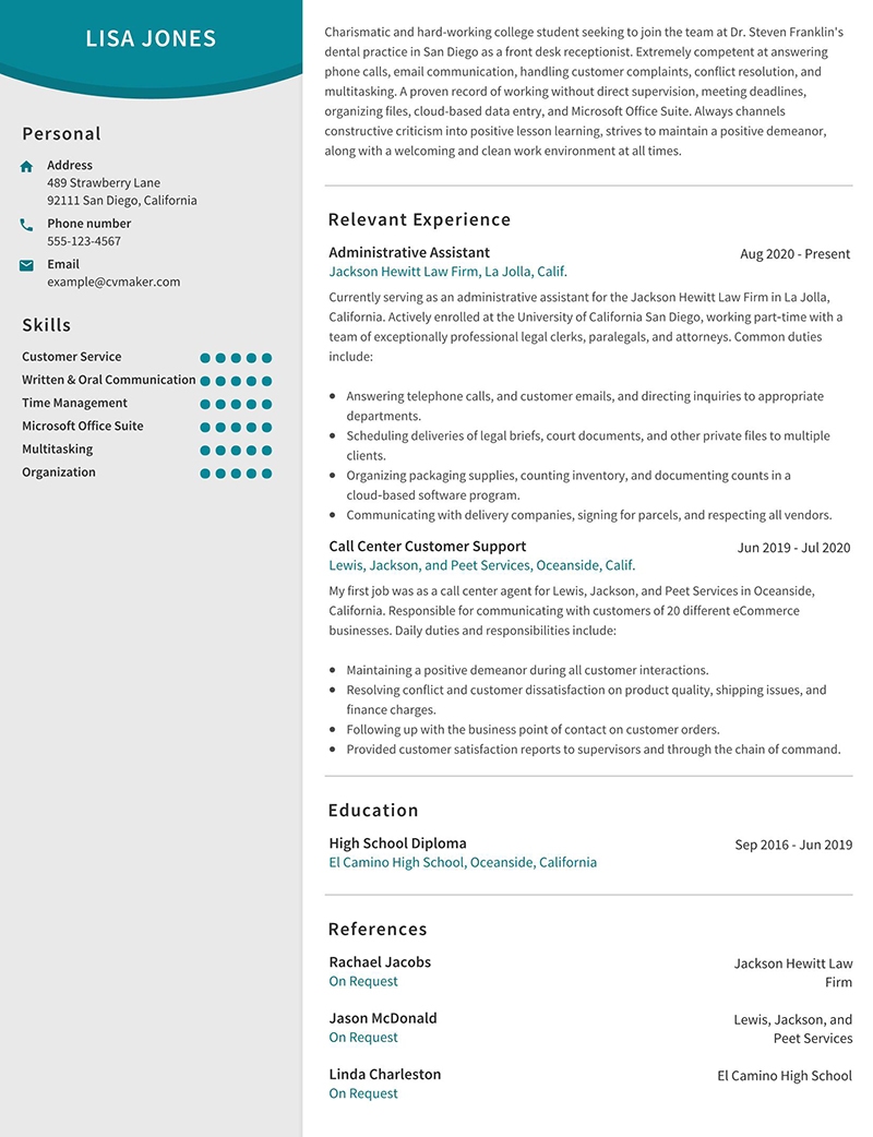 Lisa Jones Dental Receptionist Resume Example