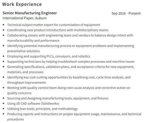 Manufacturing Engineer Professional Work Experience Example